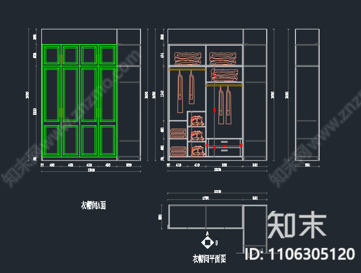 简欧定制衣柜施工图下载【ID:1106305120】