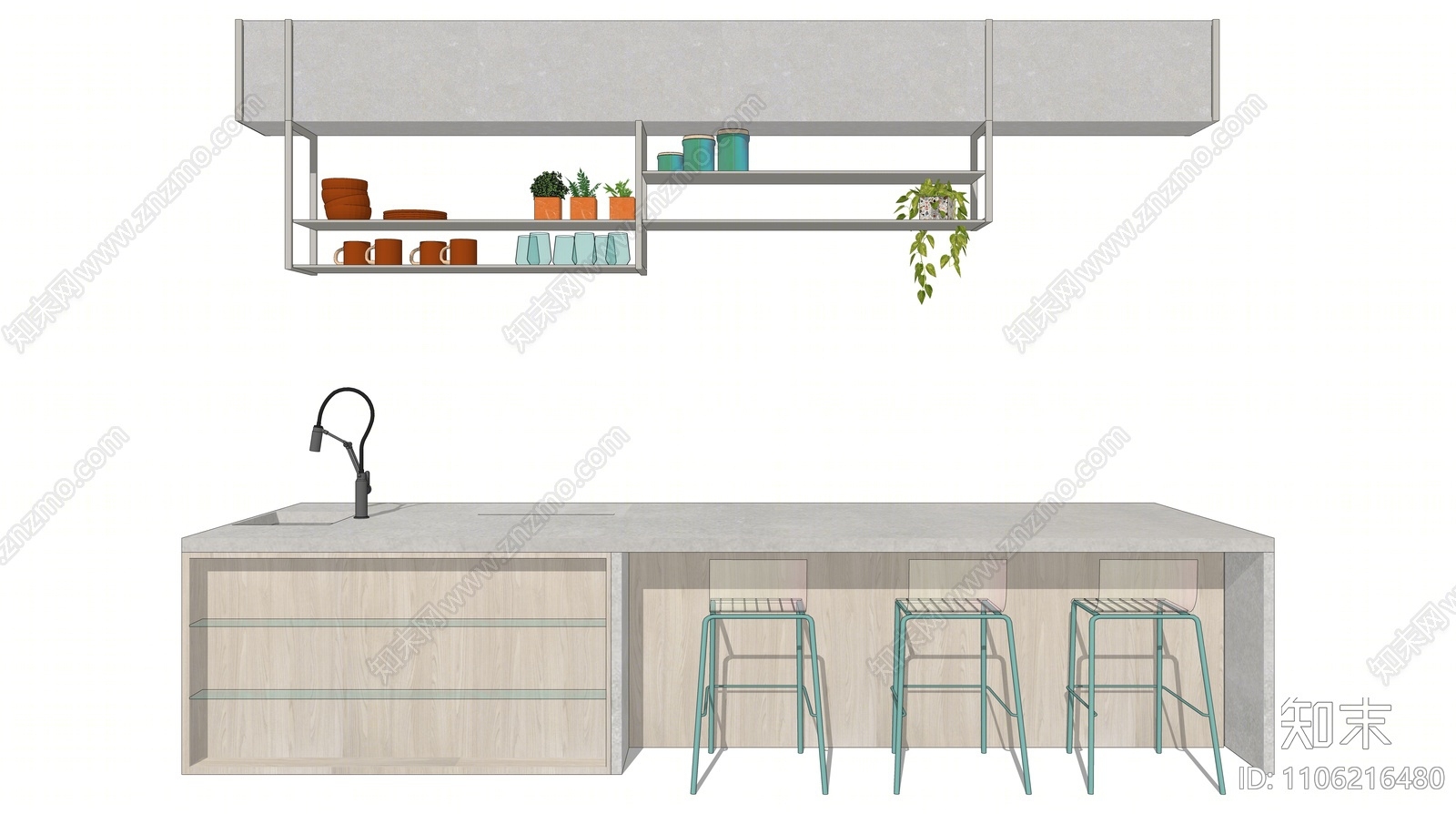 现代厨房中岛吧台SU模型下载【ID:1106216480】