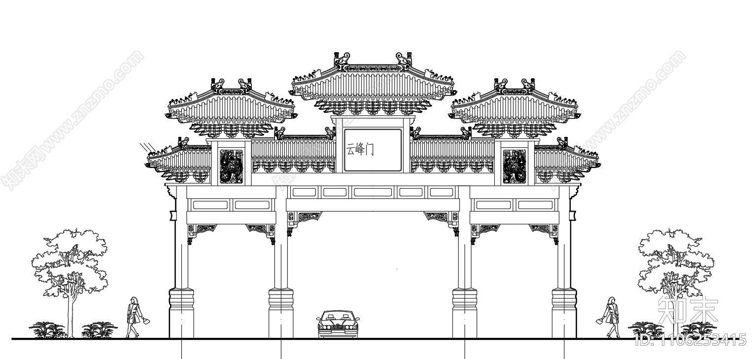 四柱七楼牌楼cad施工图下载【ID:1106253415】