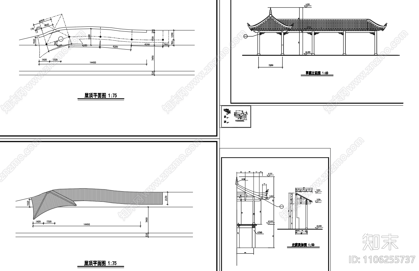 亭廊建筑cad施工图下载【ID:1106255737】