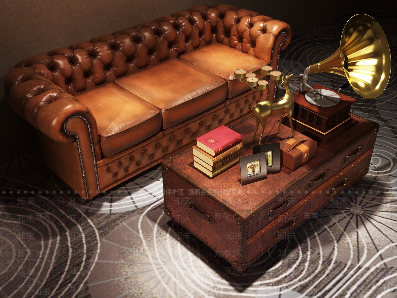 美式皮革沙发茶几组合3D模型下载【ID:1106283860】