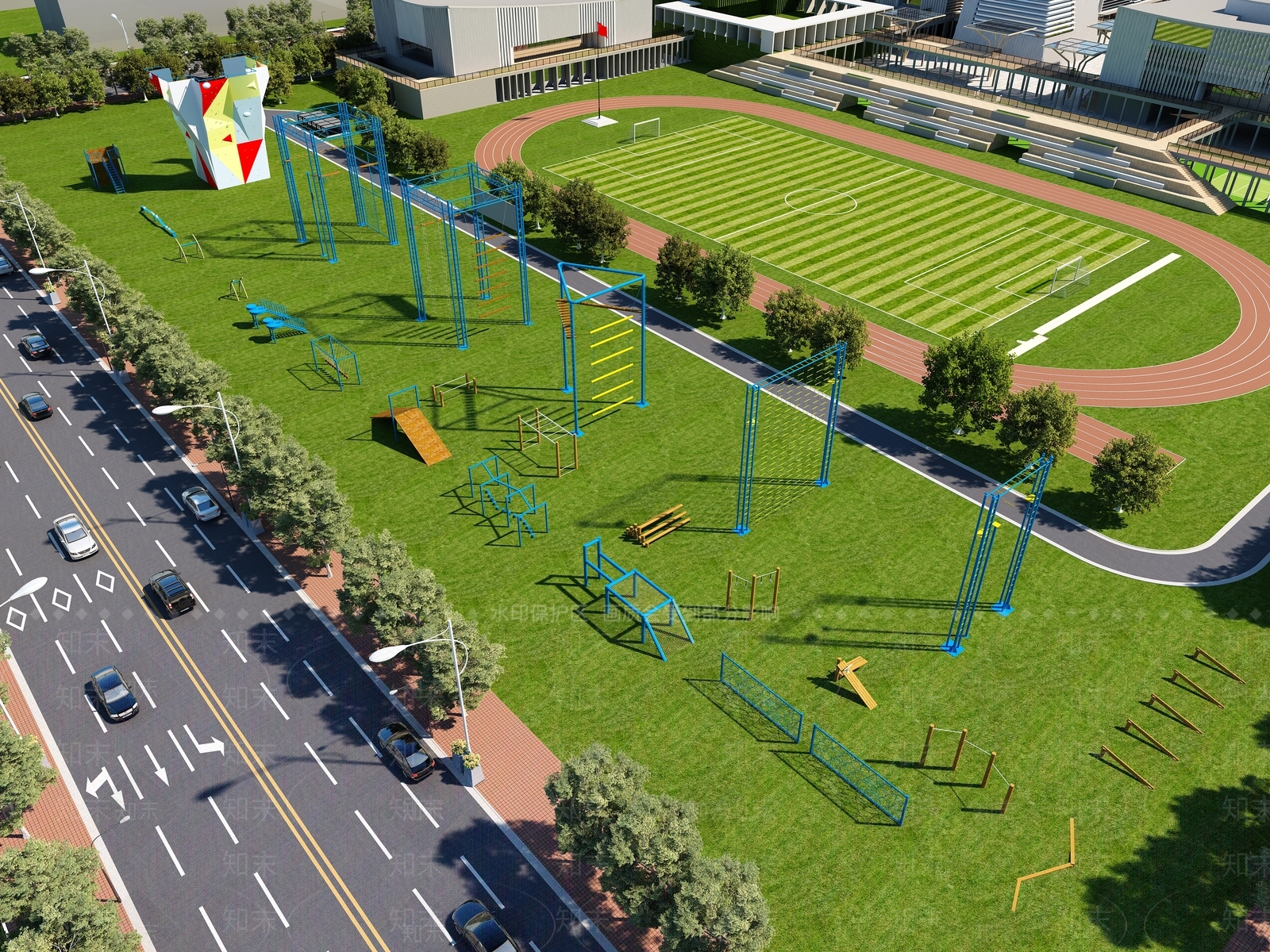 现代学校操场外观3D模型下载【ID:1106316052】