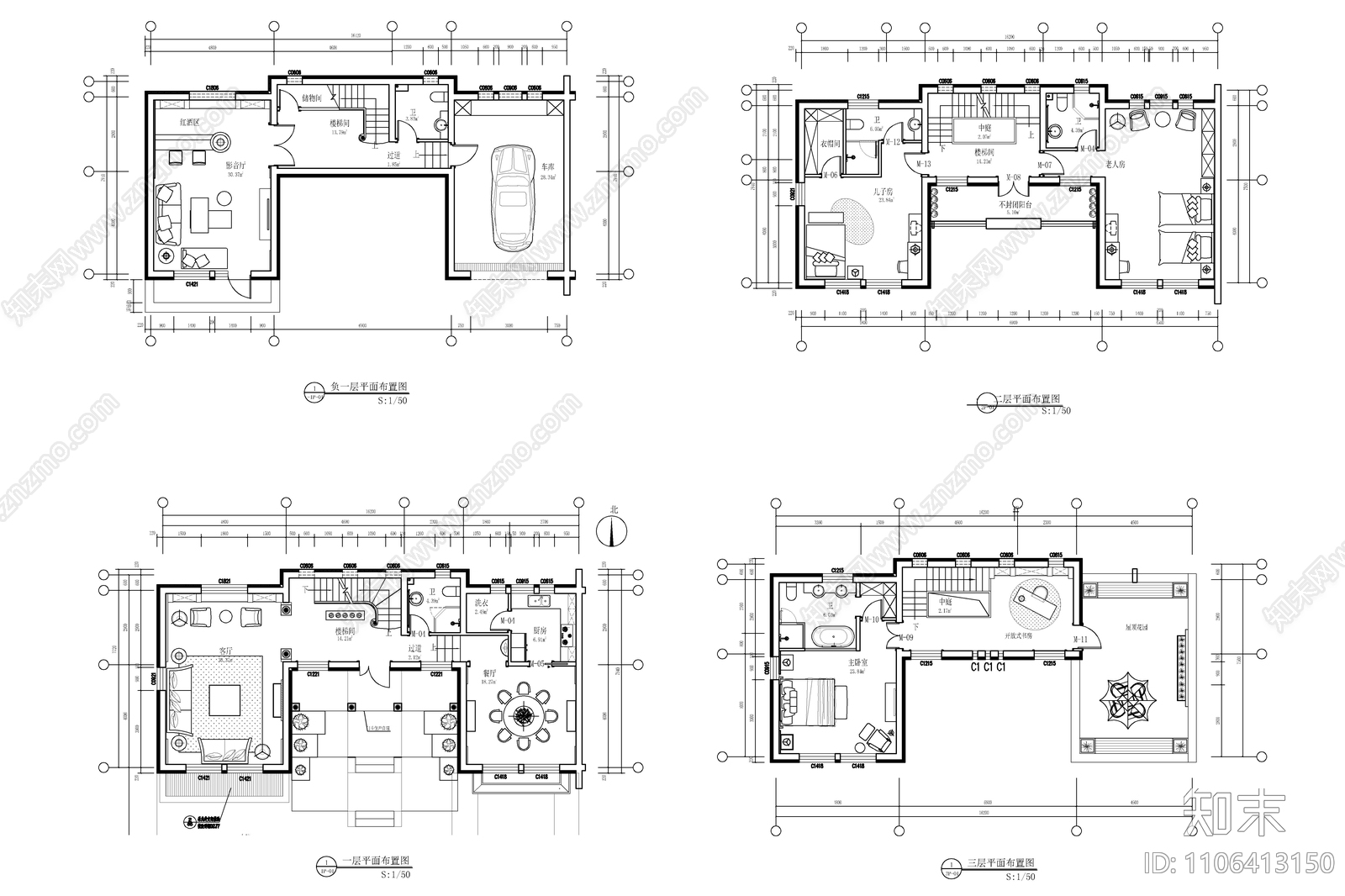 四层法式别墅样板房CAD全套施工图施工图下载【ID:1106413150】