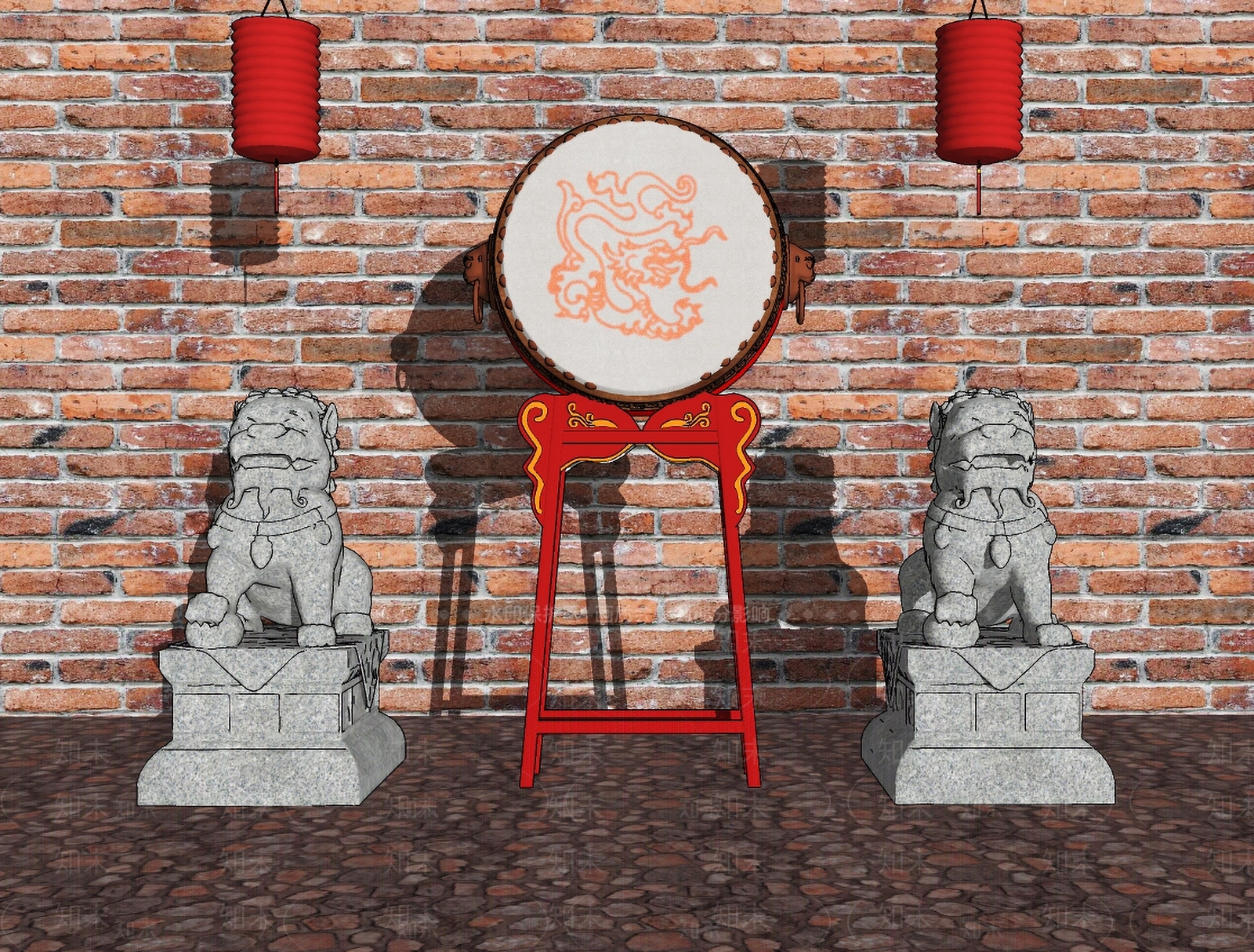 中式石狮子雕塑SU模型下载【ID:1106530983】