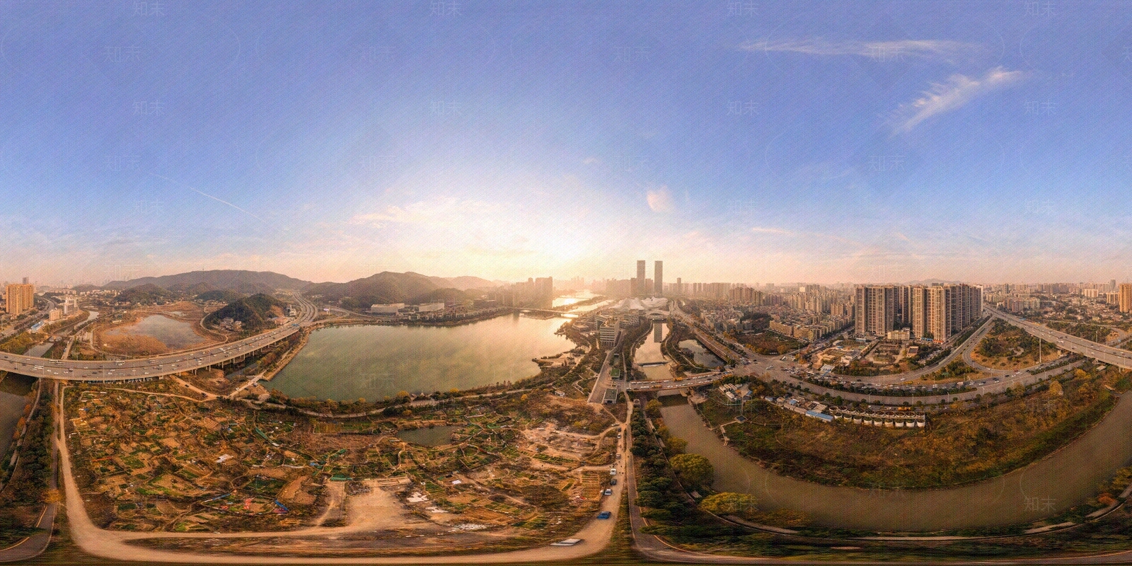 HDR环山河岸小城日落贴图下载【ID:1106549613】