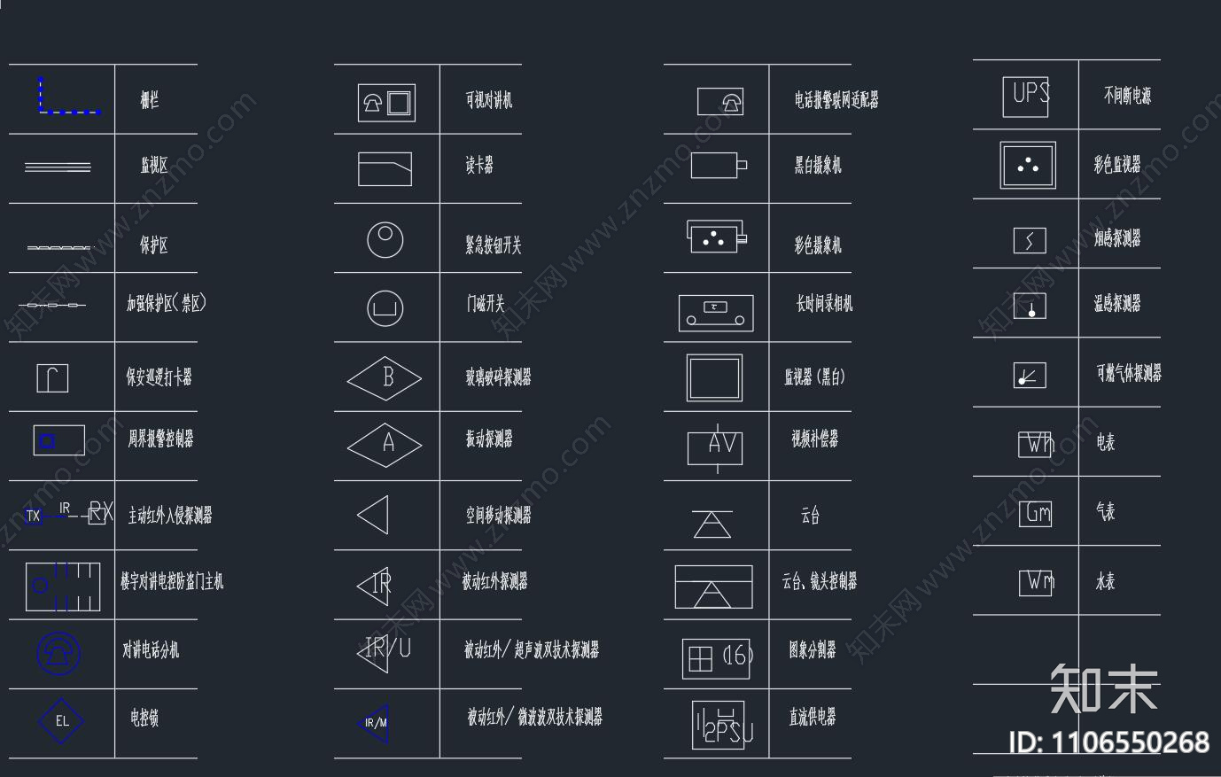 安防系统通用图形符号CAD图库施工图下载【ID:1106550268】