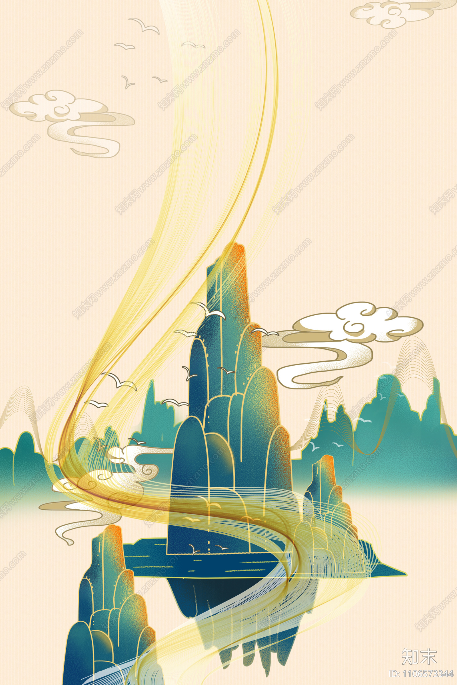 中国风古风水墨金线画psd贴图下载