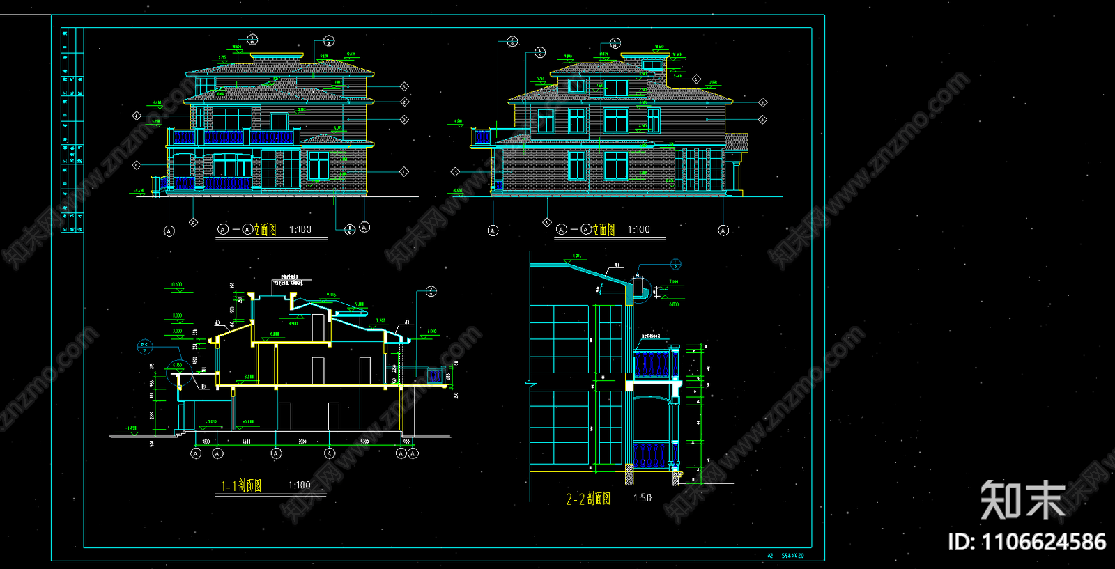 小型别墅建筑设计图纸cad施工图下载【ID:1106624586】