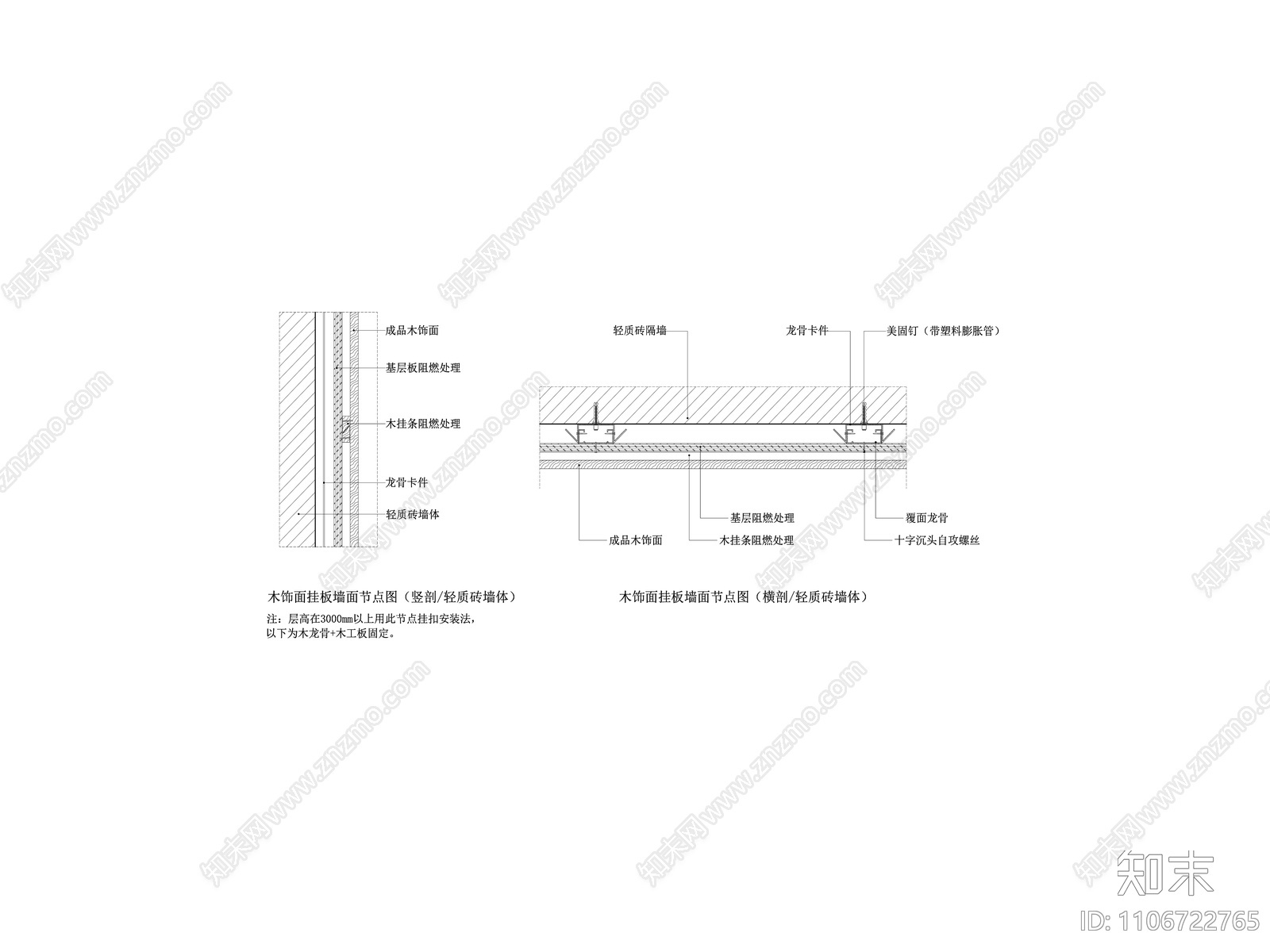 木饰面挂板墙面节点图施工图下载【ID:1106722765】