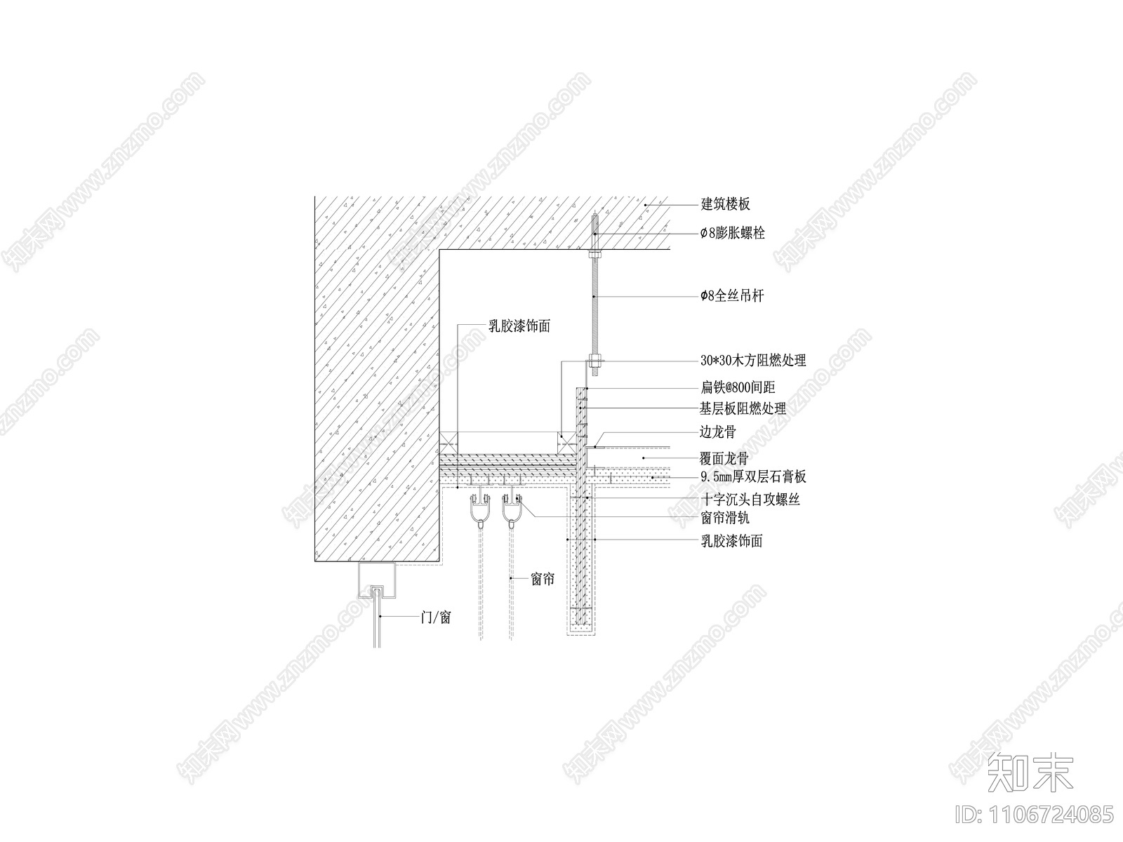 明装式窗帘盒天花节点图cad施工图下载【ID:1106724085】