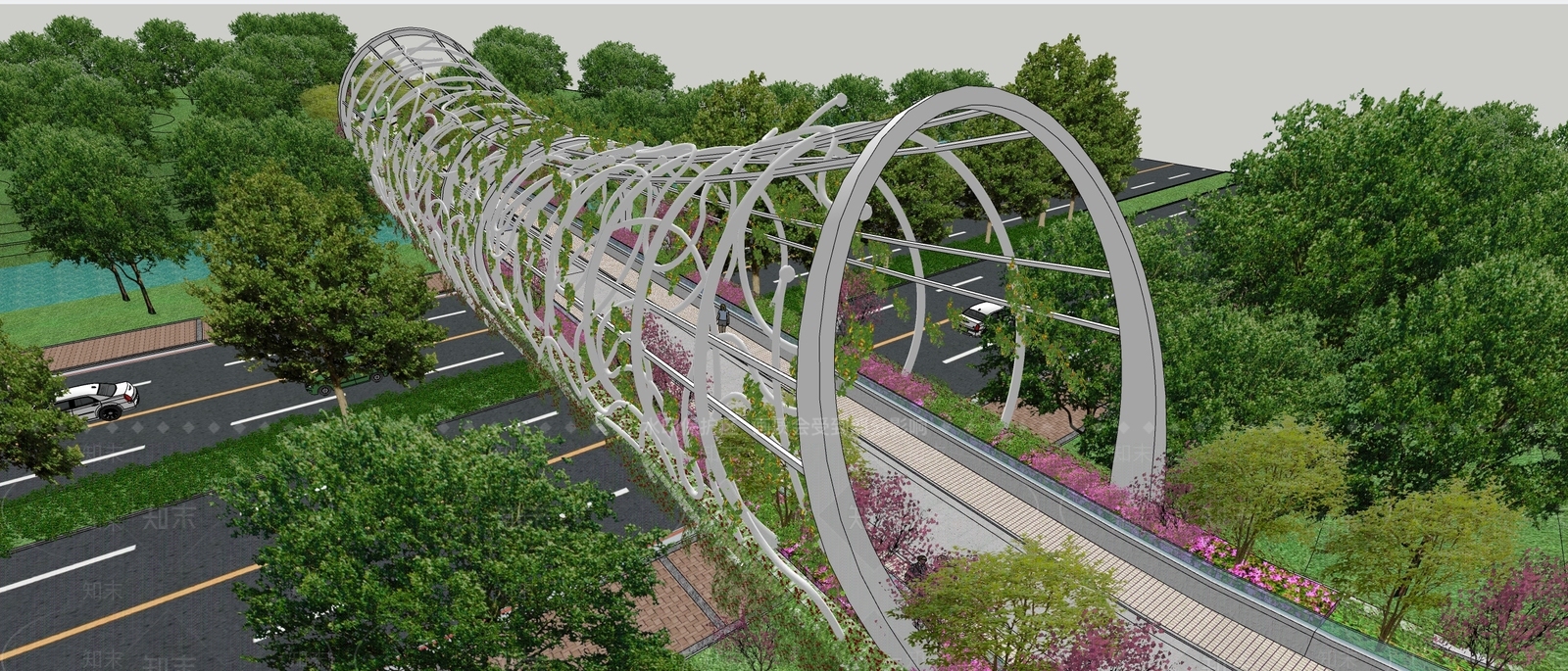 现代景观人行天桥SU模型下载【ID:1106997631】