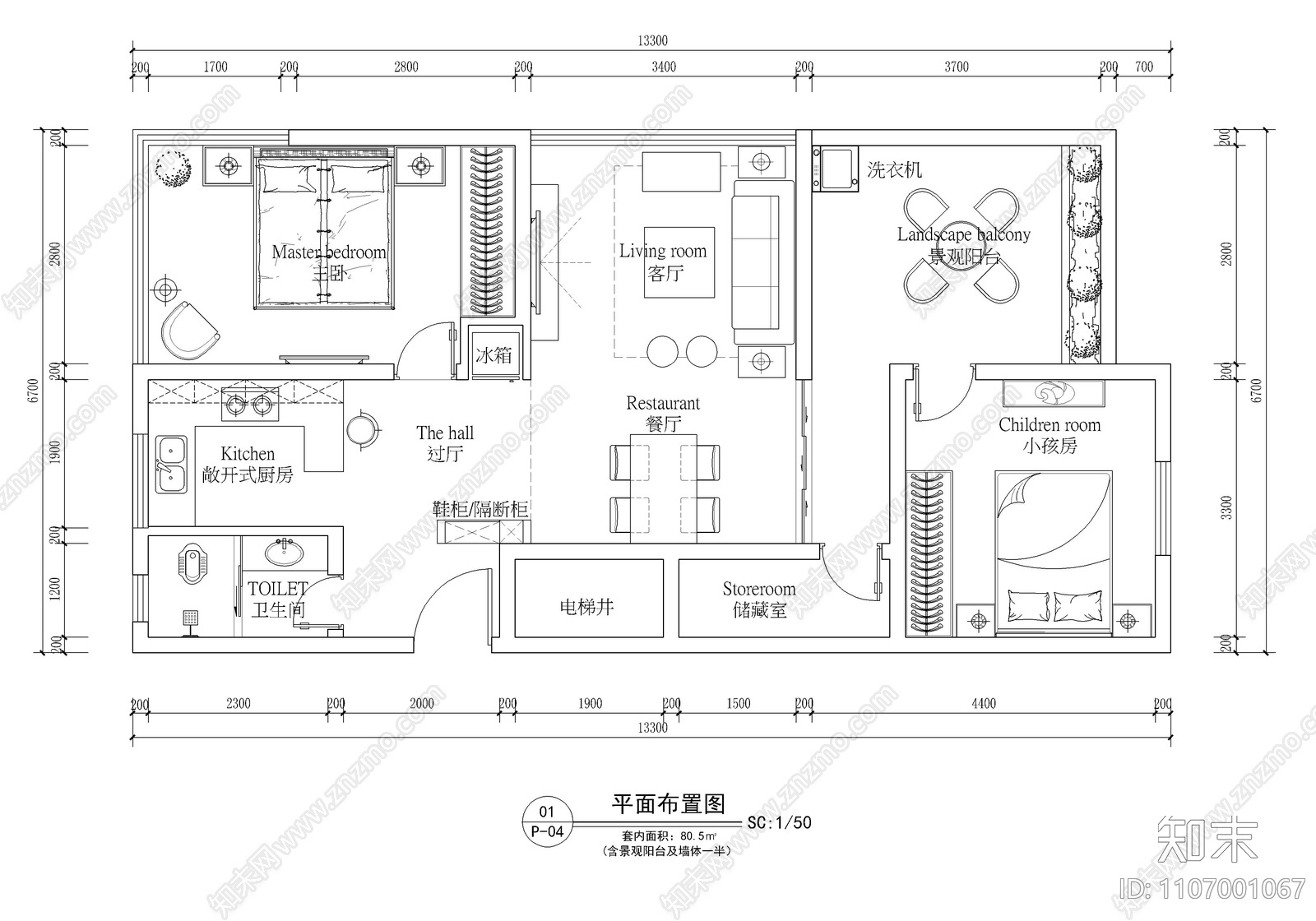 80㎡两室家装度假房CAD施工图施工图下载【ID:1107001067】