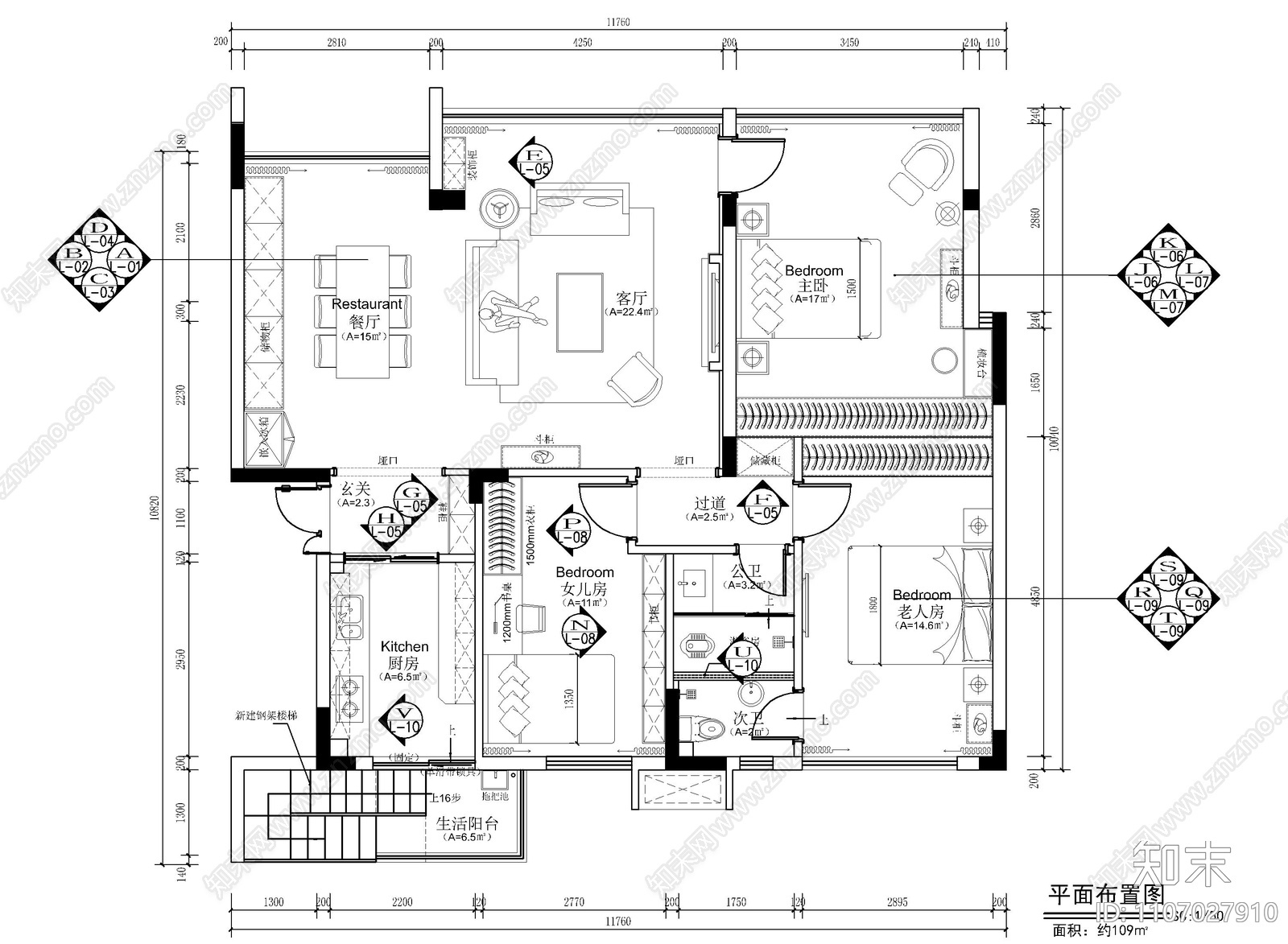 110㎡大平层现代美式私宅家装CAD施工图cad施工图下载【ID:1107027910】