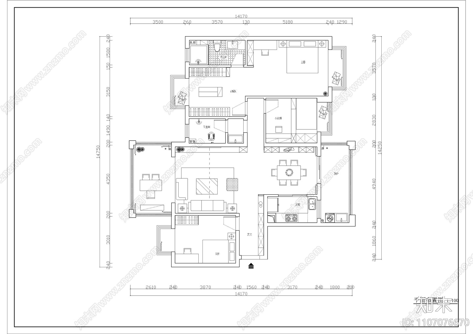 160平4房现代轻奢风格cad施工图下载【ID:1107076670】