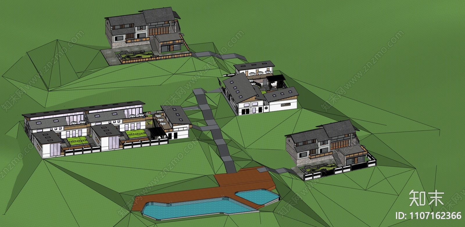 新中式山地民宿SU模型下载【ID:1107162366】