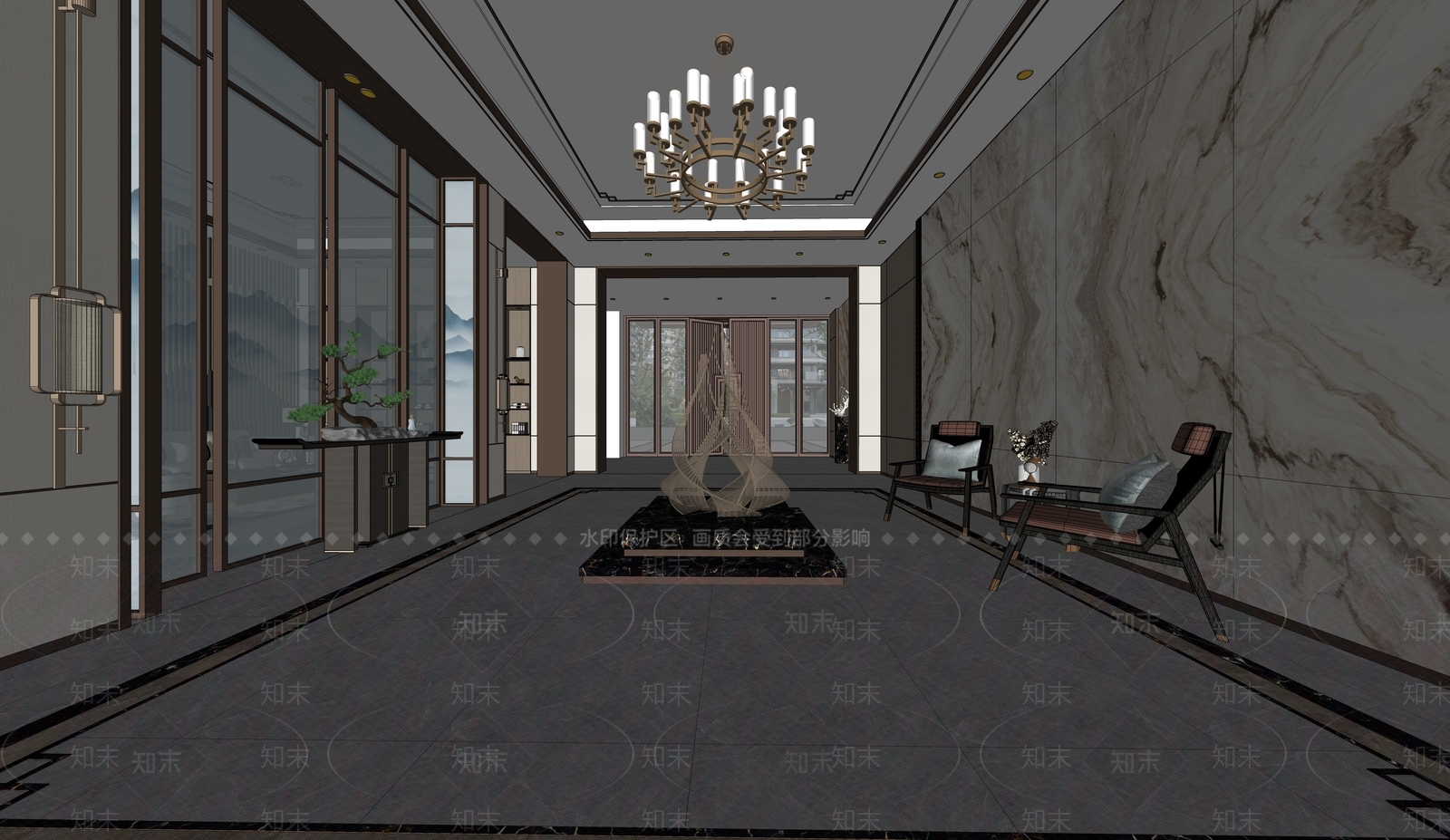 新中式售楼处内部SU模型下载【ID:1107190699】