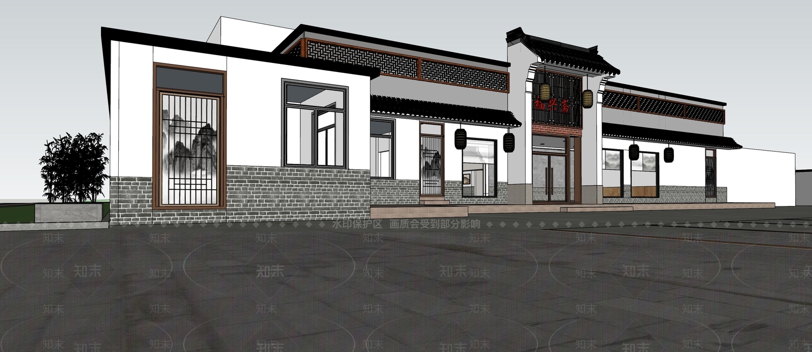 新中式餐饮建筑门头门面SU模型下载【ID:1107242045】