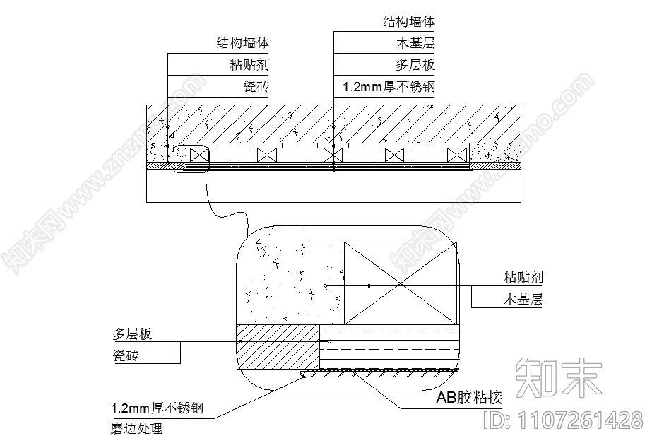 墙面镜子玻璃安装节点cad施工图下载【ID:1107261428】