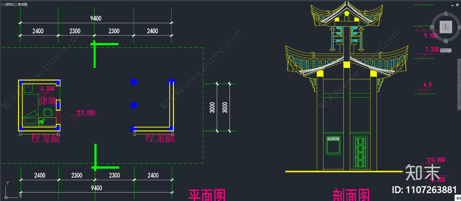 中式森林公园山水厂大门平面立面cad施工图下载【ID:1107263881】