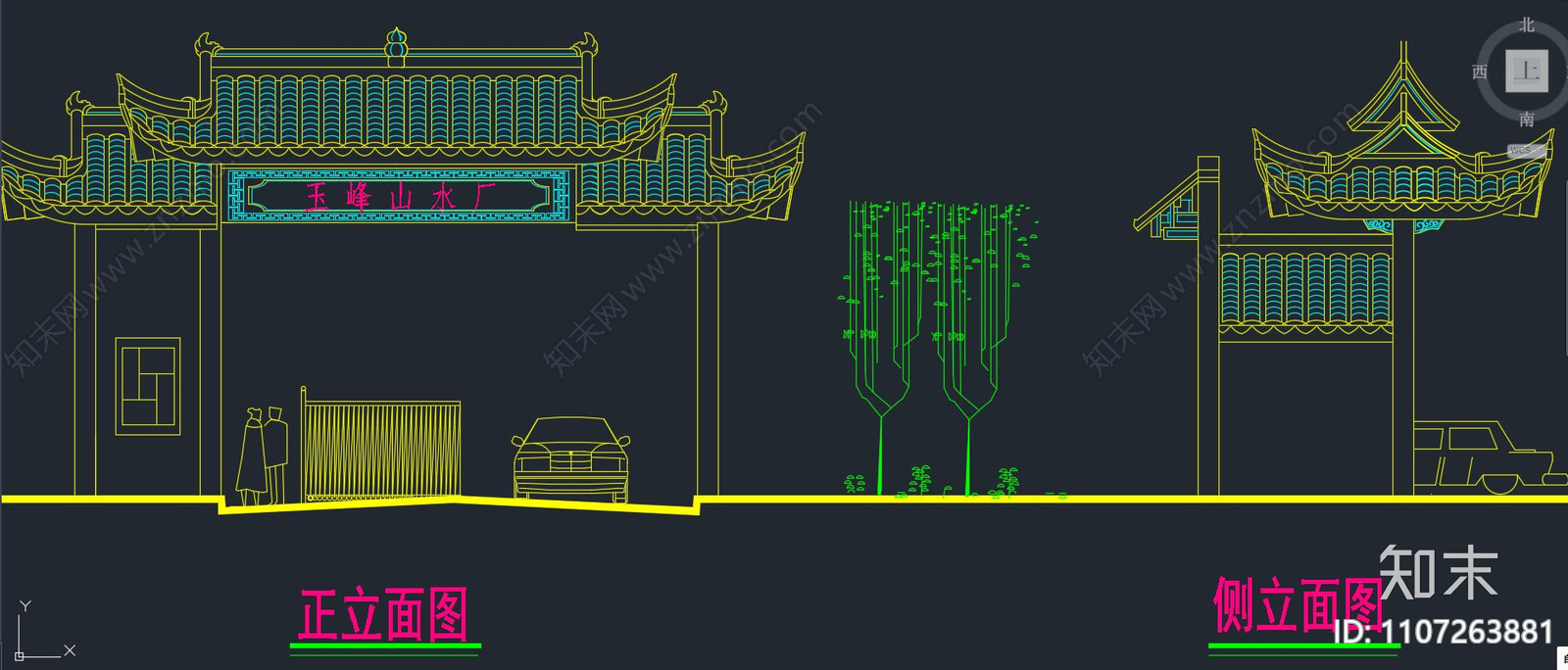 中式森林公园山水厂大门平面立面cad施工图下载【ID:1107263881】