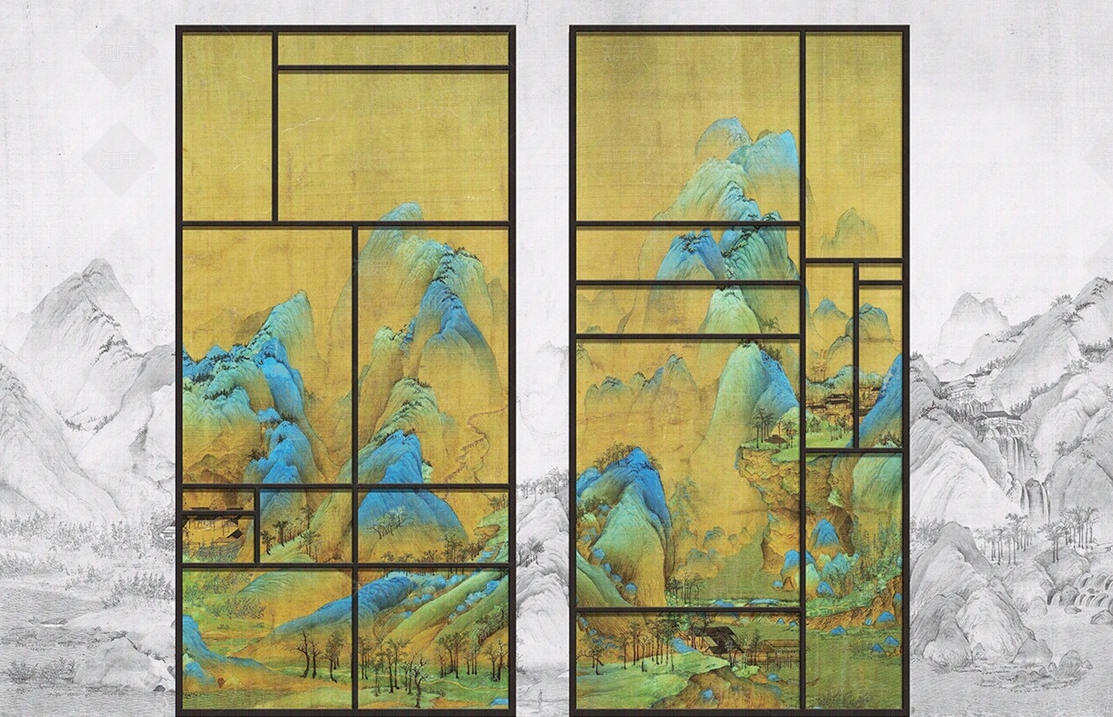 中式屏风隔断壁画贴图下载【ID:1107299911】