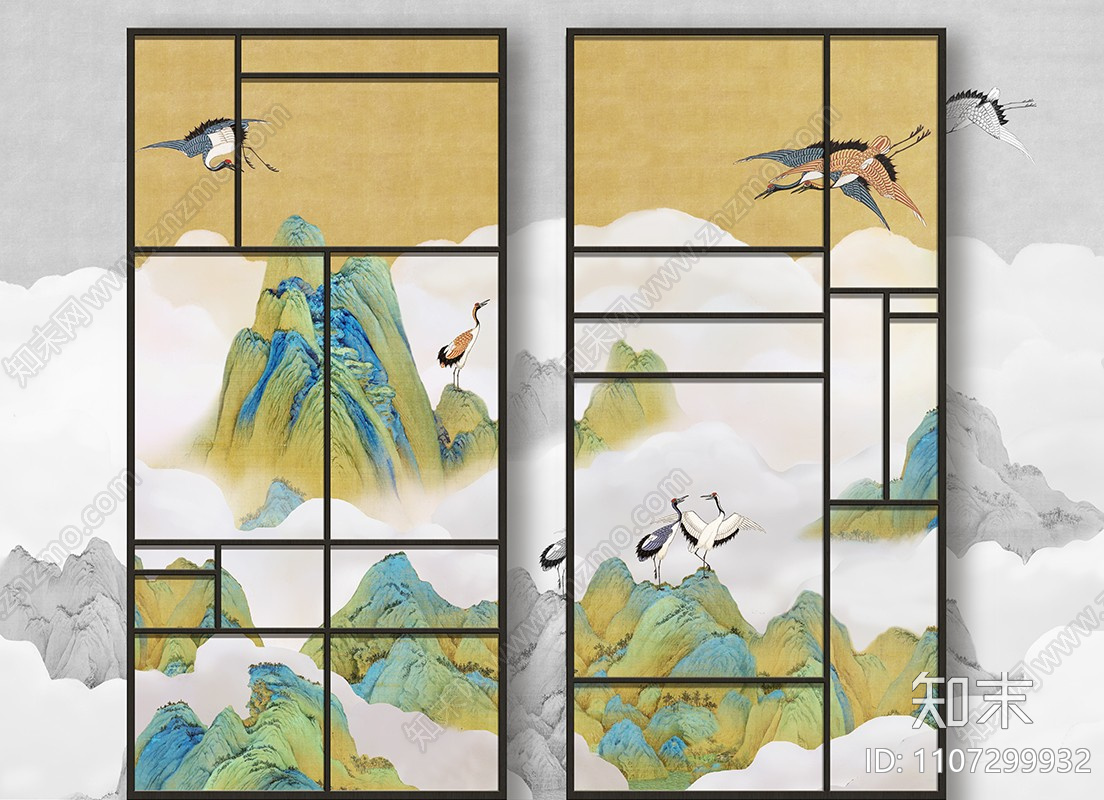 中式屏风隔断壁画贴图下载【ID:1107299932】