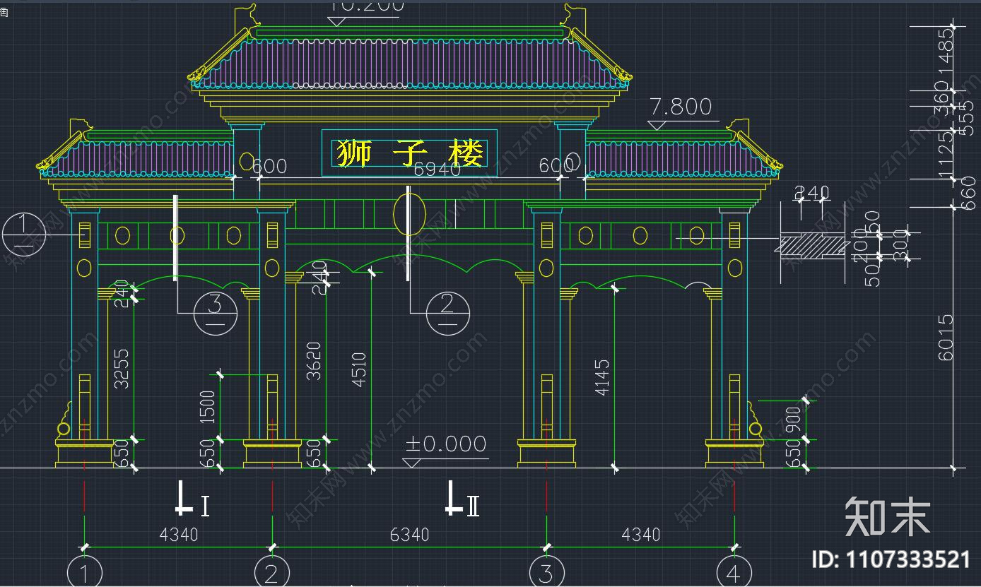 中式牌楼建筑平面立面剖面大样cad施工图下载【ID:1107333521】