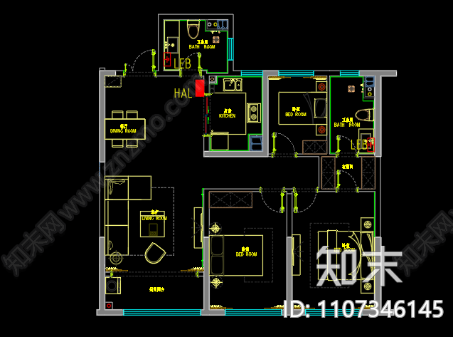 120平法式风格三居室cad施工图下载【ID:1107346145】