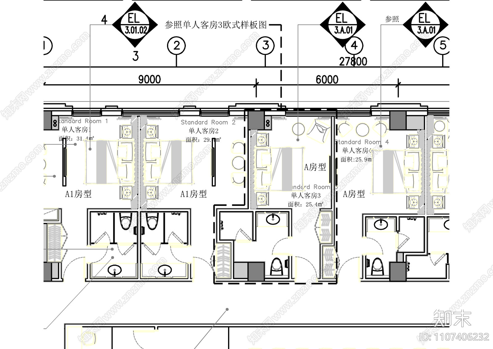 欧式风格有隔断单人房施工图施工图下载【ID:1107406232】