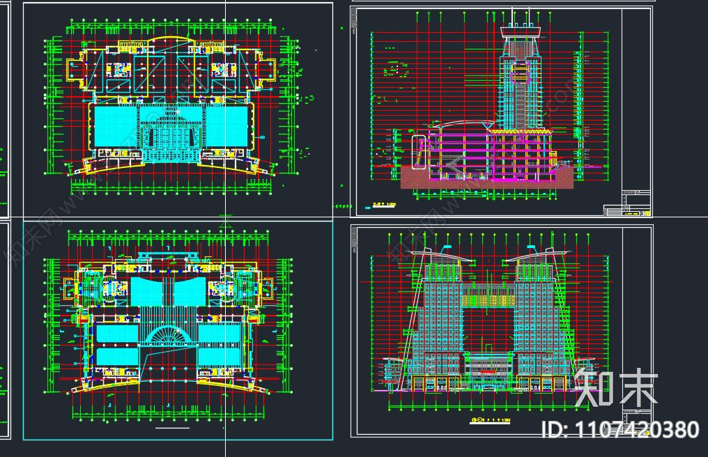 新中式双子塔综合大楼施工图cad施工图下载【ID:1107420380】