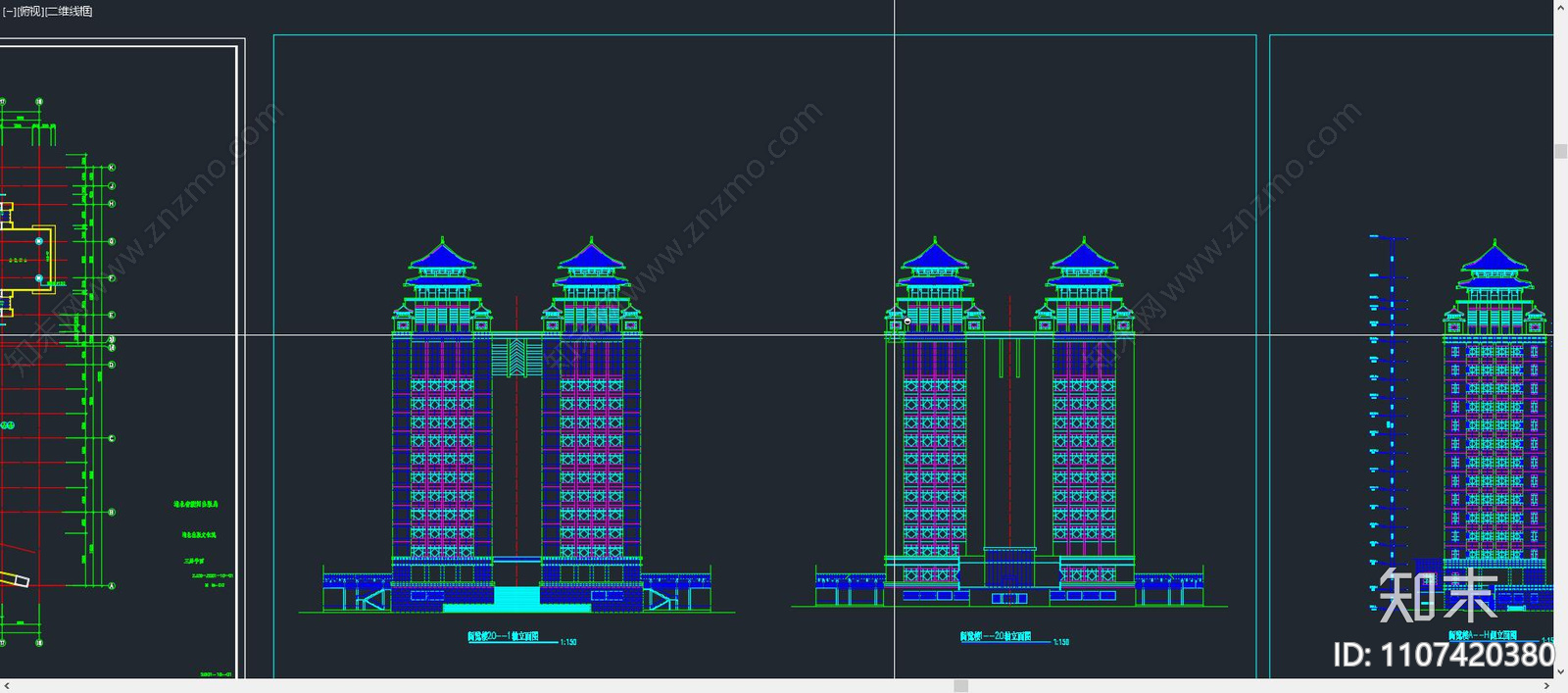 新中式双子塔综合大楼施工图cad施工图下载【ID:1107420380】