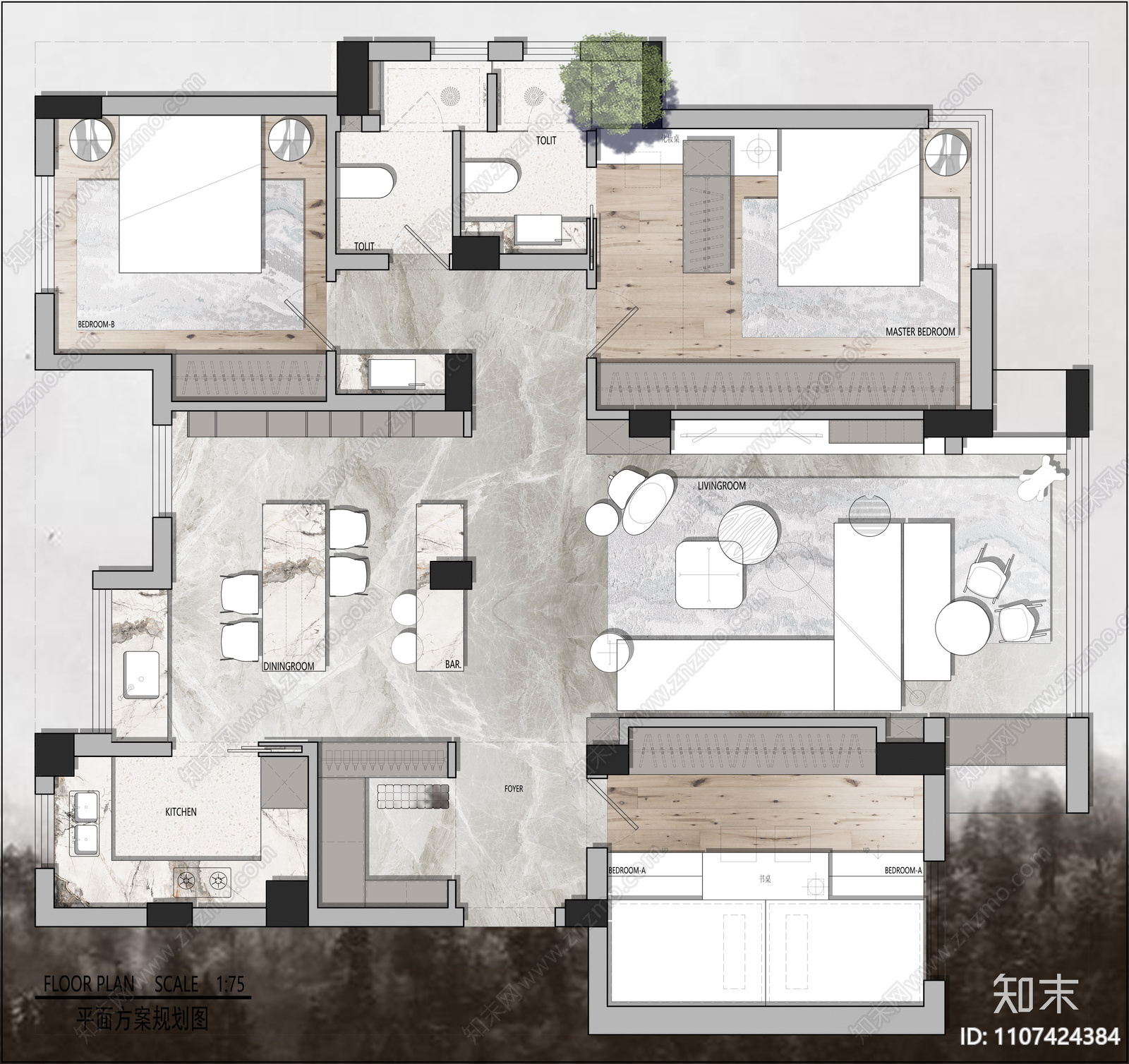 120㎡平层施工图cad施工图下载【ID:1107424384】