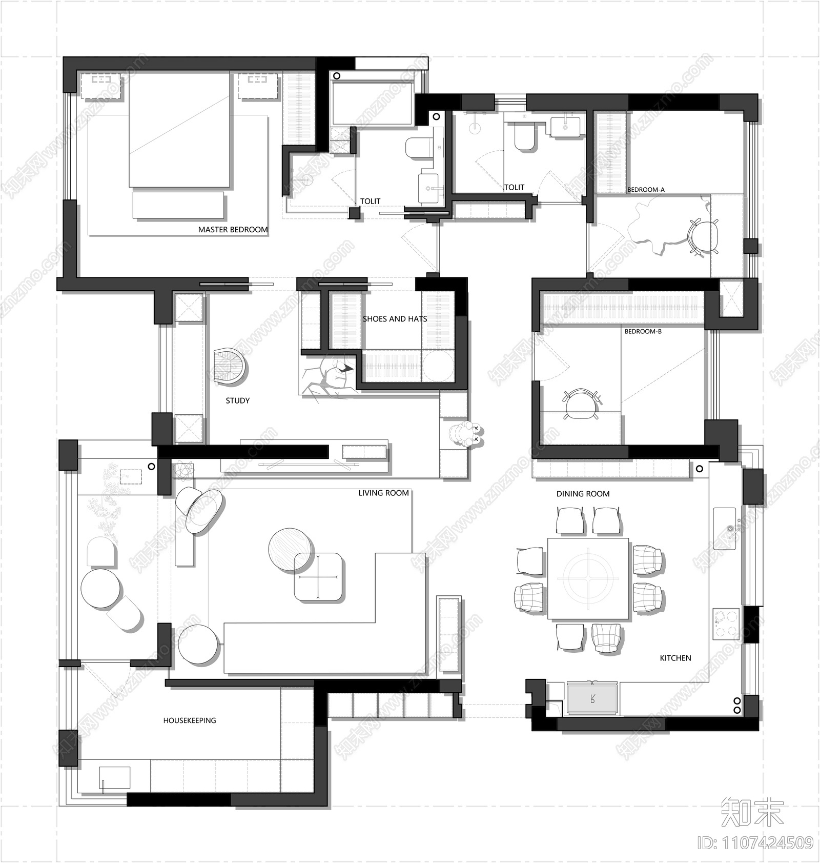 150㎡平层施工图cad施工图下载【ID:1107424509】