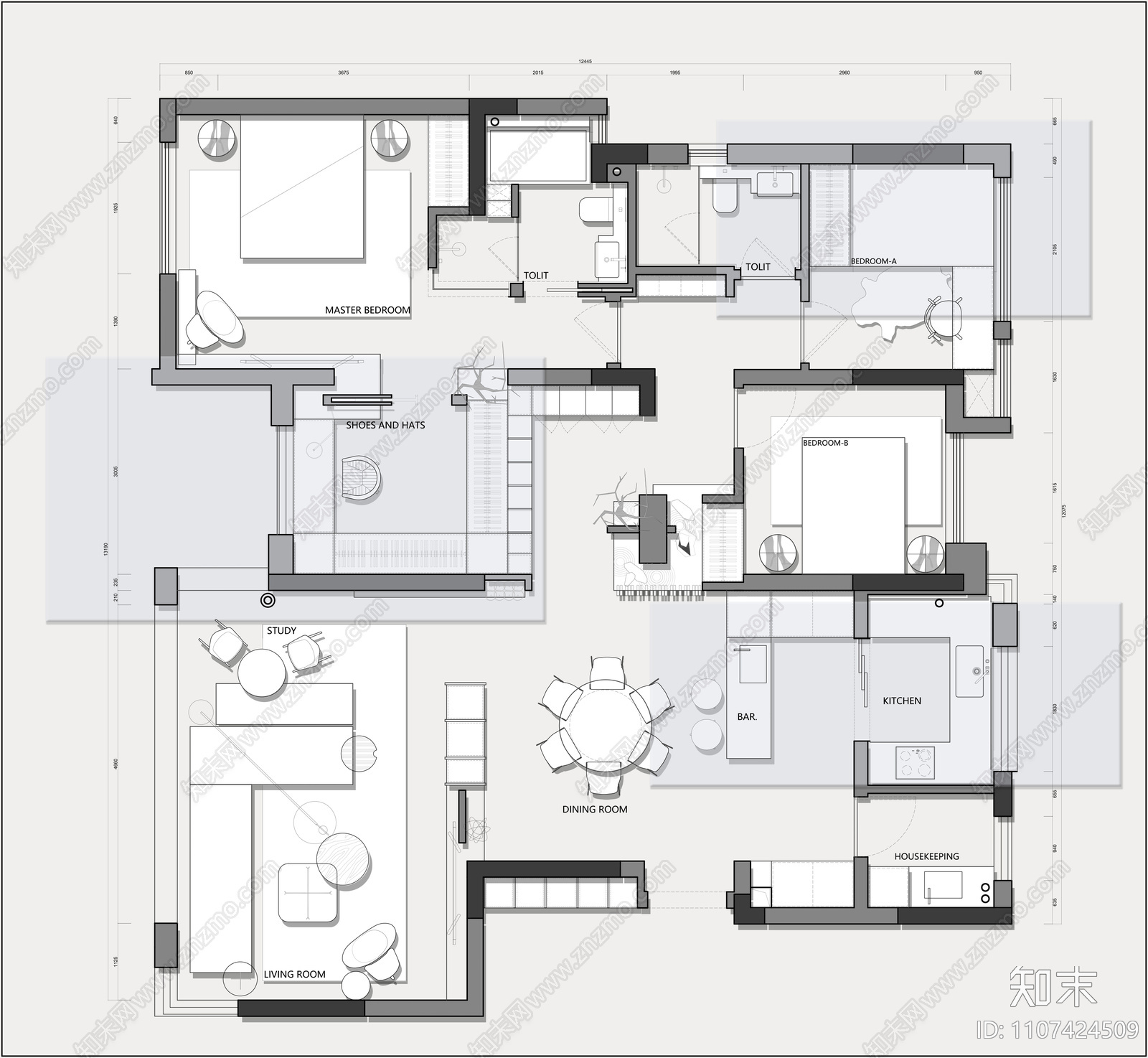 150㎡平层施工图cad施工图下载【ID:1107424509】