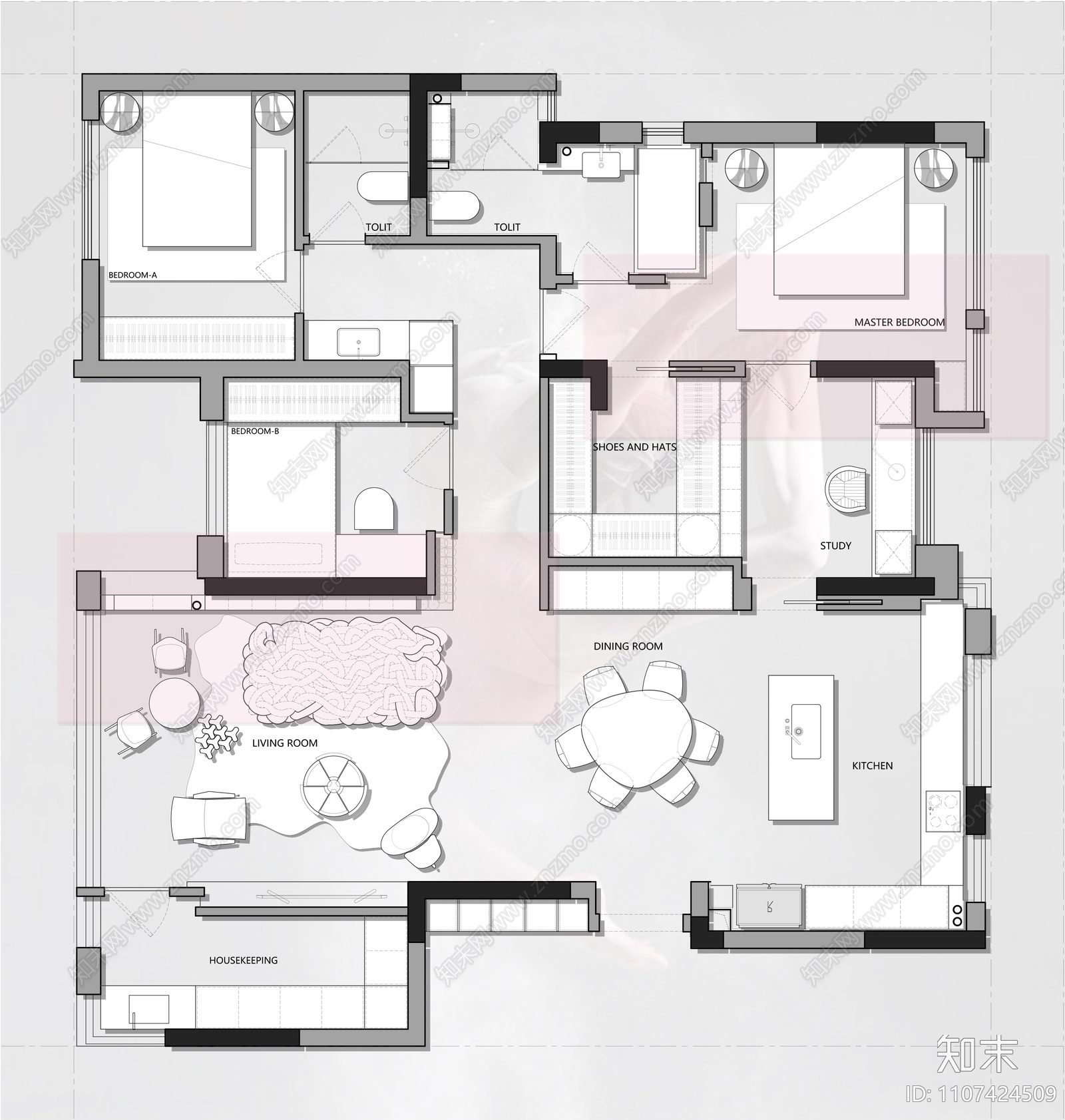 150㎡平层施工图cad施工图下载【ID:1107424509】