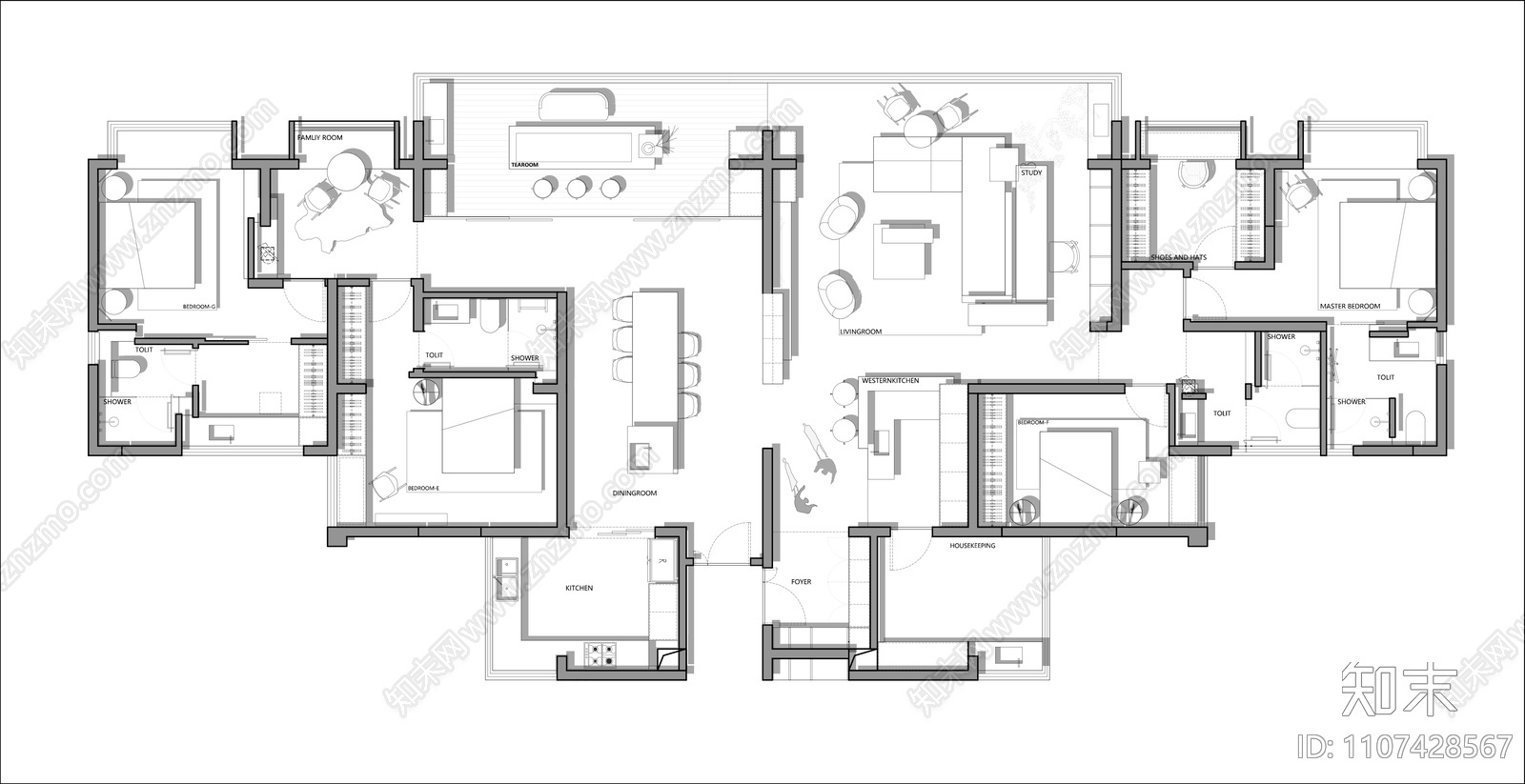 280㎡两户打通平层施工图cad施工图下载【ID:1107428567】