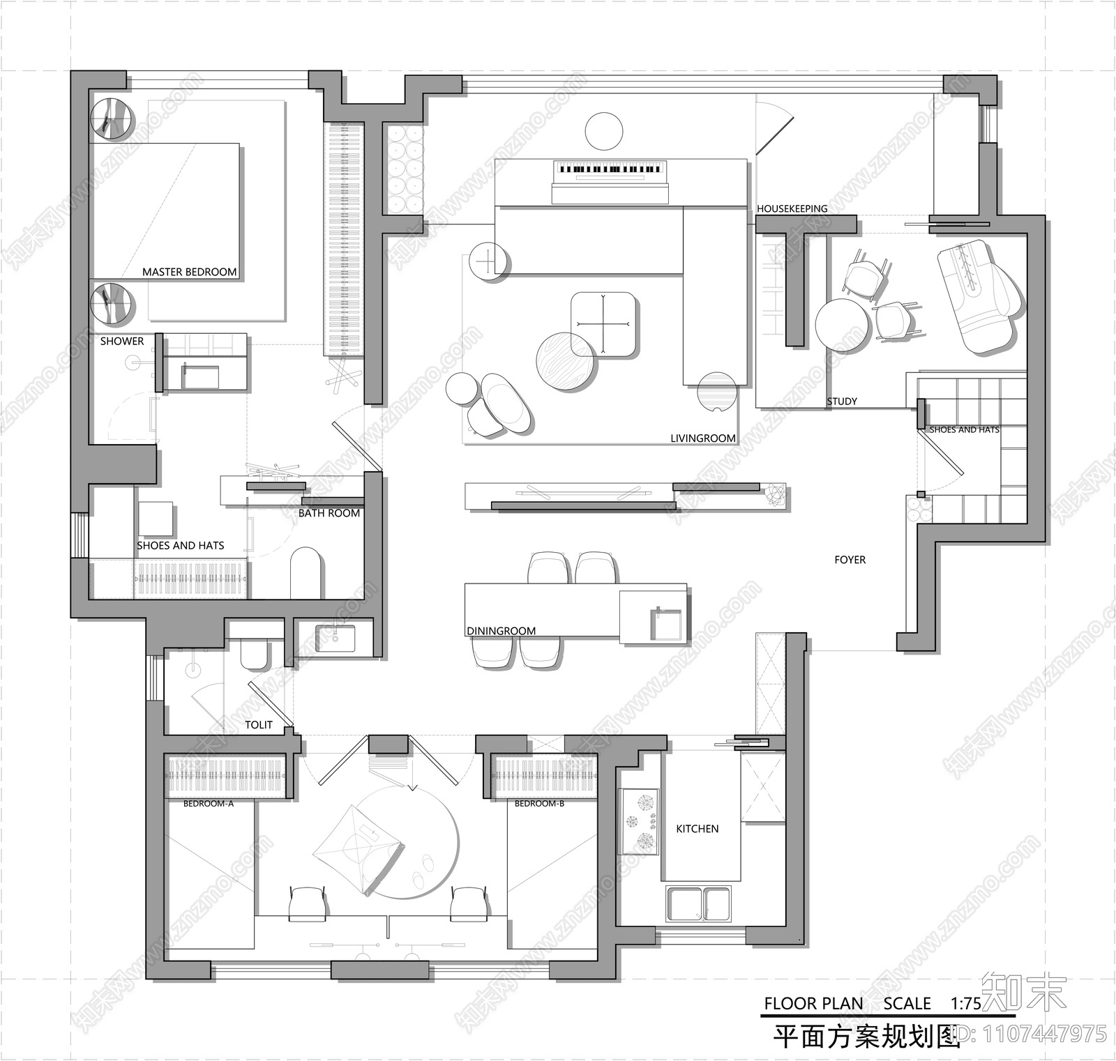 140㎡平层施工图cad施工图下载【ID:1107447975】