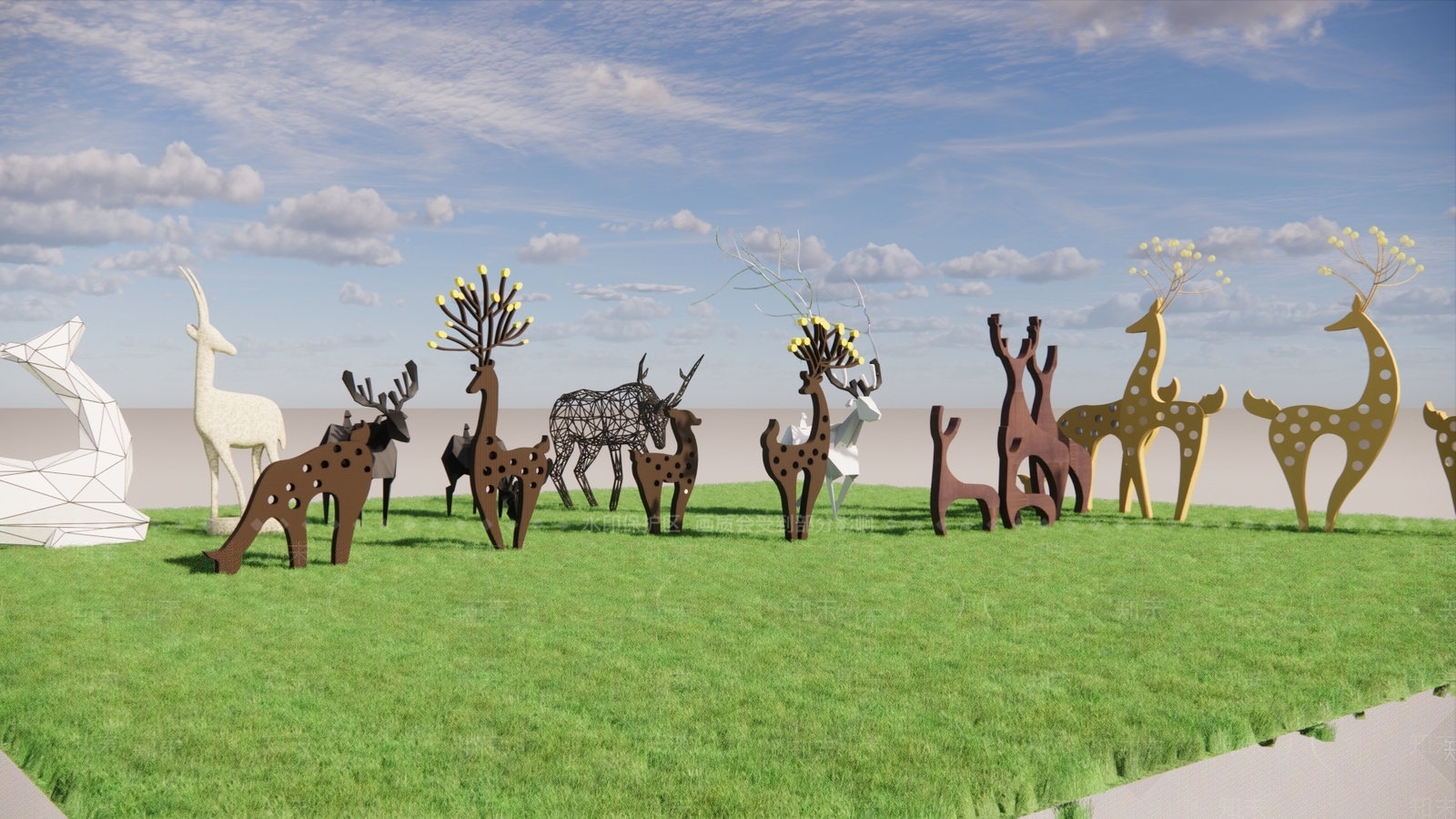 现代梅花鹿动物雕塑小品SU模型下载【ID:1107468922】