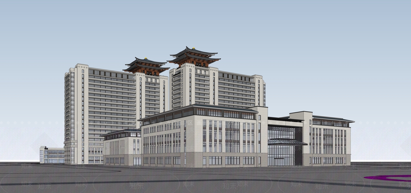 新中式医院建筑SU模型下载【ID:1107497000】