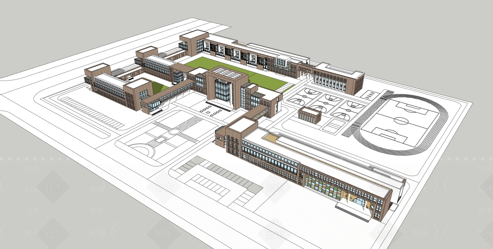 现代小学校区建筑SU模型下载【ID:1107525675】