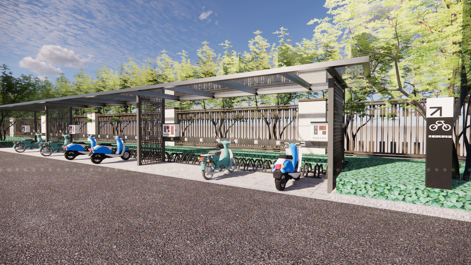现代电动车自行车停车棚SU模型下载【ID:1107539998】