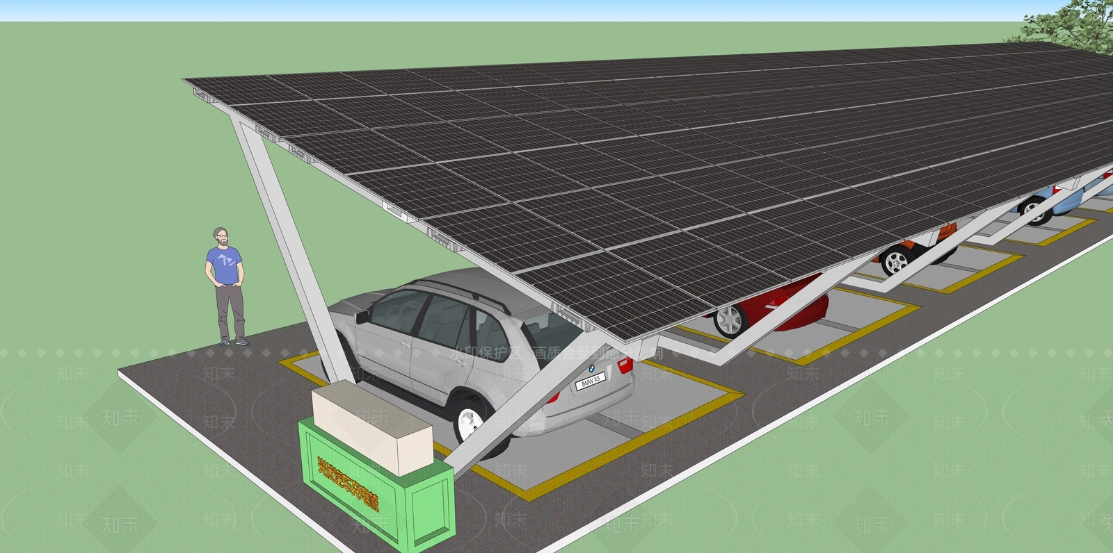 现代光伏板汽车停车棚SU模型下载【ID:1107570600】