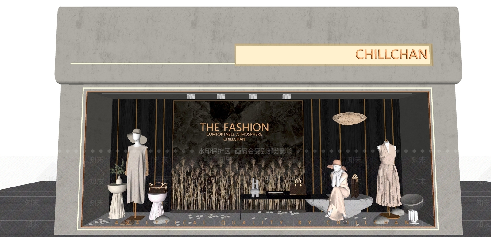 侘寂服装箱包店橱窗SU模型下载【ID:1107584915】