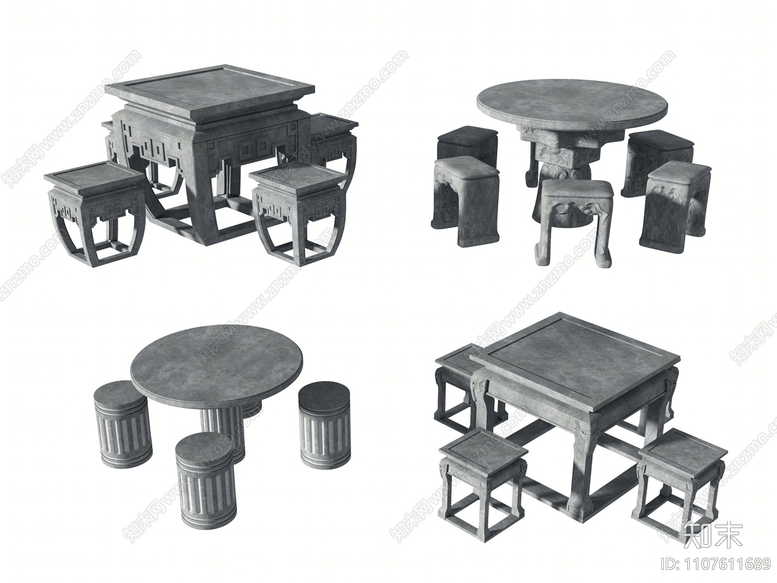 新中式室外石桌椅组合3D模型下载【ID:1107611689】