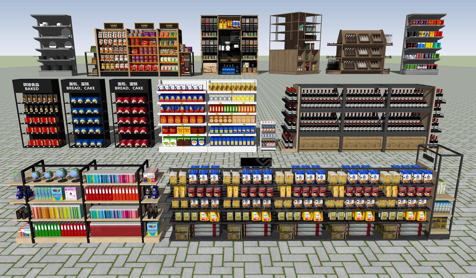 现代超市便利店货架SU模型下载【ID:1107625919】