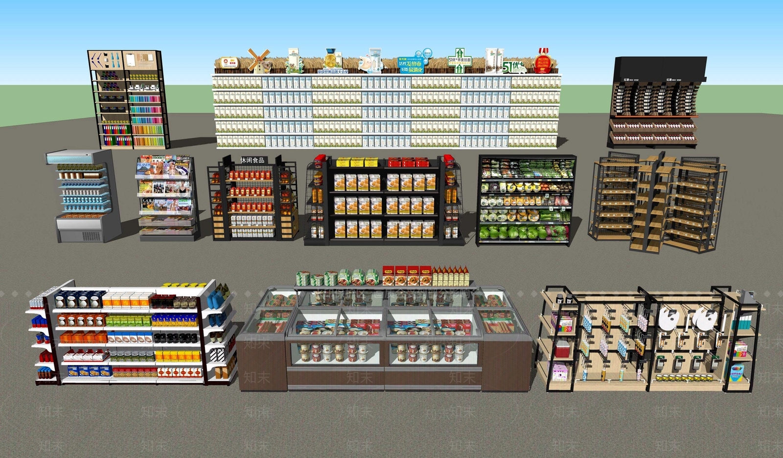 现代超市便利店货架SU模型下载【ID:1107626052】