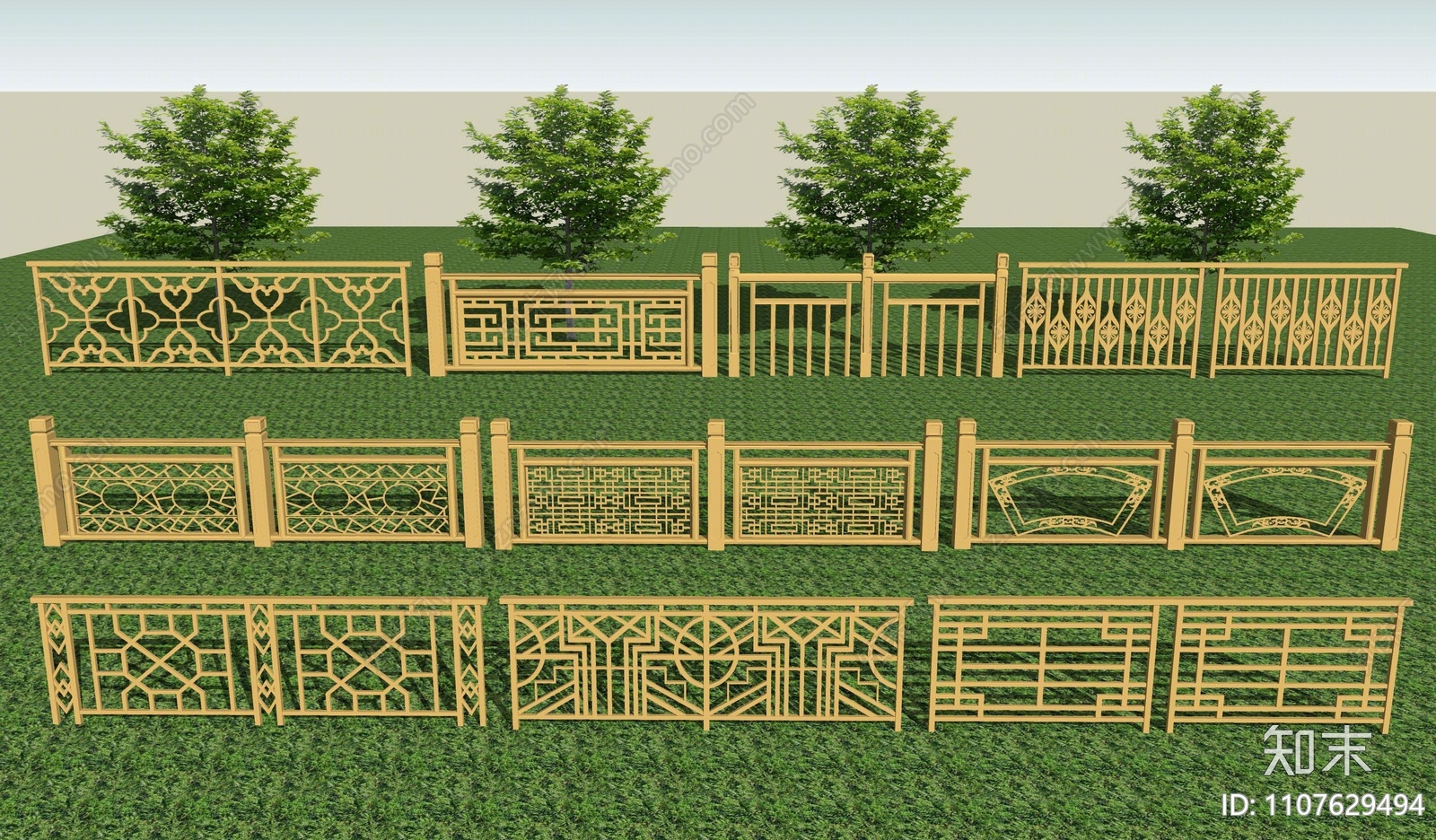 中式铁艺铝艺防腐木栏杆SU模型下载【ID:1107629494】