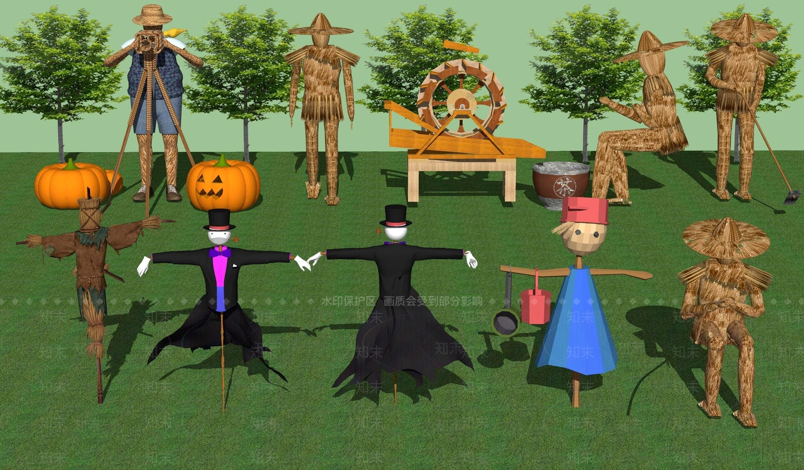 新中式农村生态田园农家乐稻草人SU模型下载【ID:1107636312】