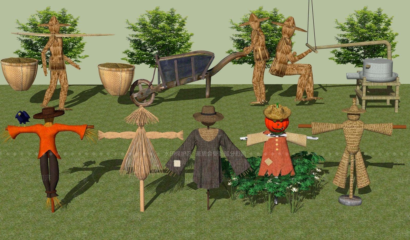 新中式农村生态田园农家乐稻草人SU模型下载【ID:1107636353】