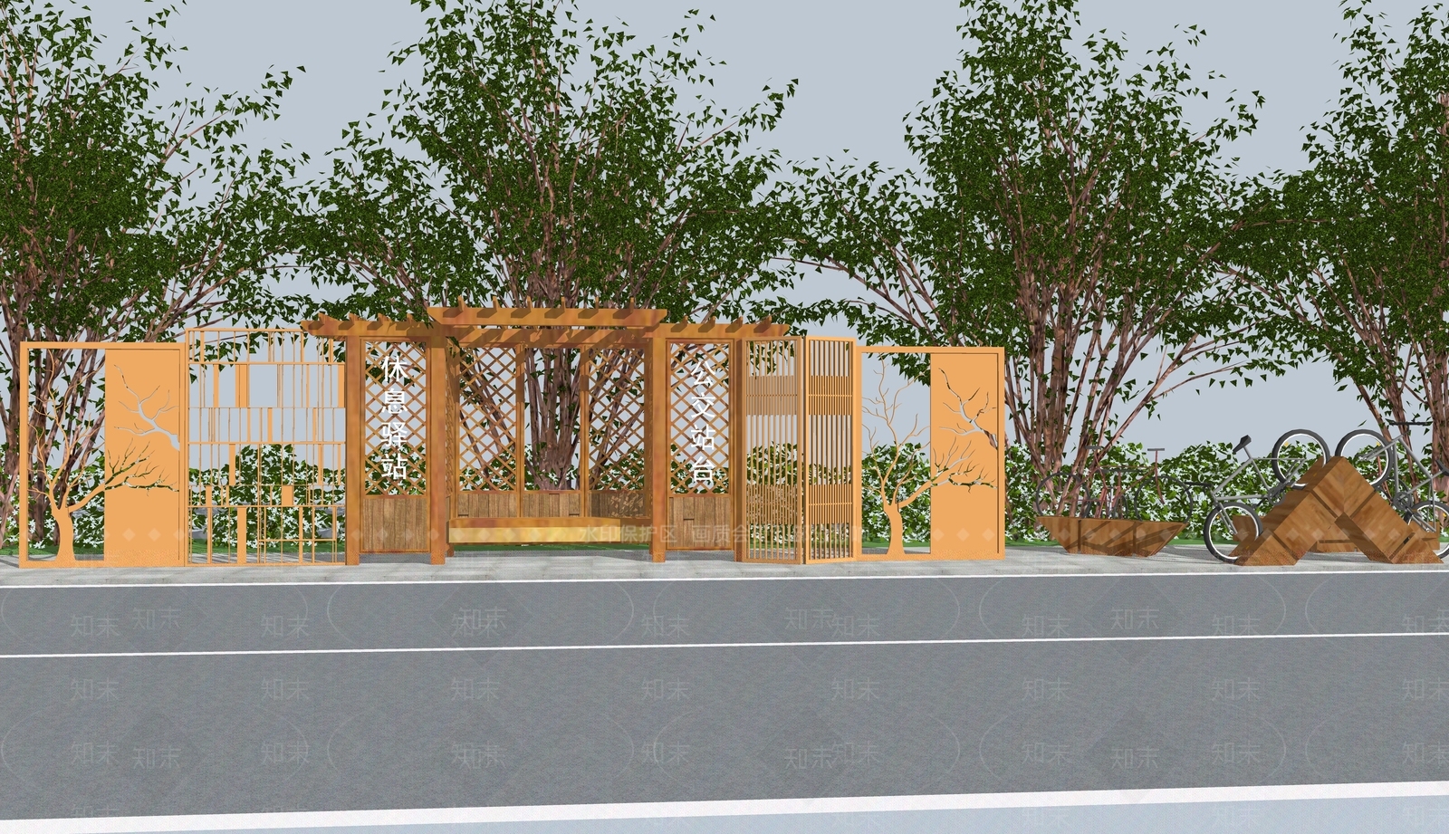新中式公交站台SU模型下载【ID:1107717935】